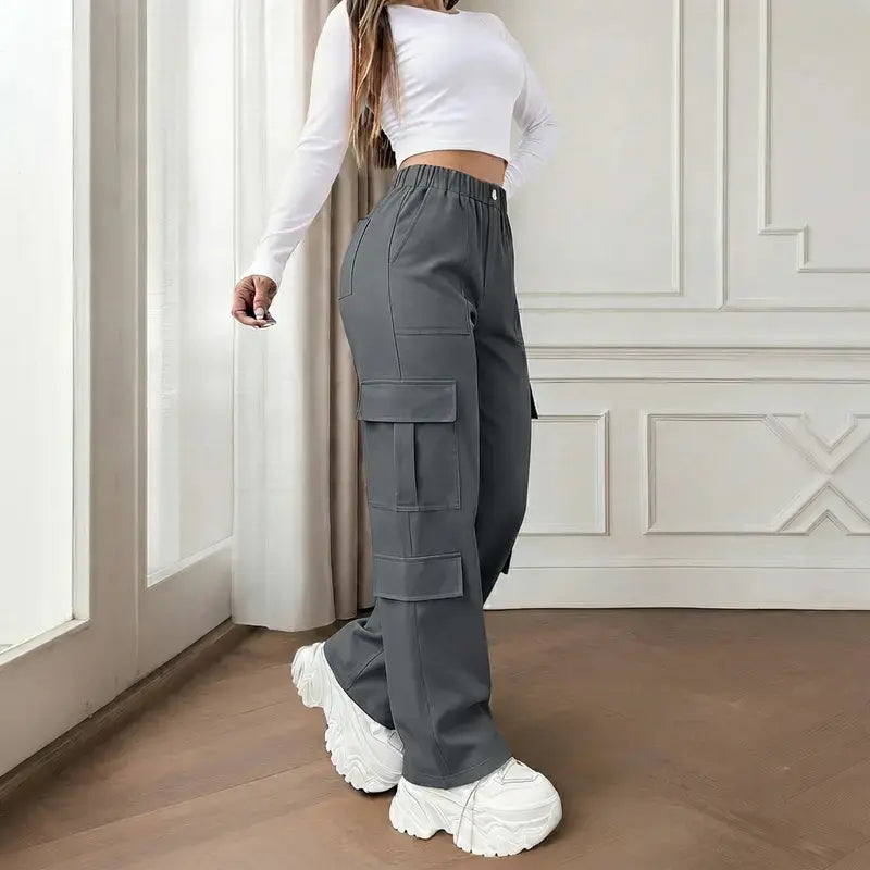 Women's Mid-Rise Cargo Straight-Leg Pants with Elastic Waistband and Large Side Pockets, Versatile Drapey Fabric for Casual Summer Style