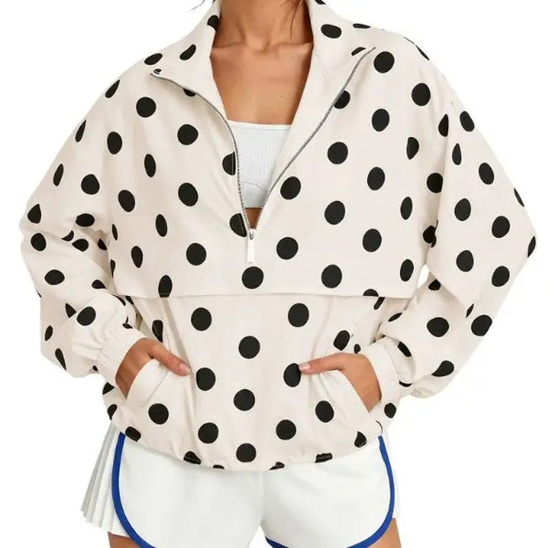 Fisoew Women's Oversized Polka Dot Half-Zip Pullover Jacket - Lightweight Windbreaker Sweatshirt for Casual Fall Streetwear