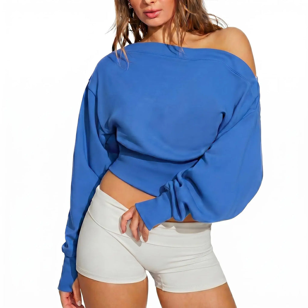 Fisoew Women's Autumn/Winter Solid Color Off-Shoulder Sweatshirt - Versatile Elastic Top for Casual Daily Wear and Back-to-School Street Style