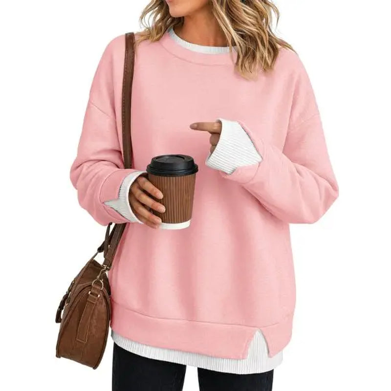 Fisoew Women's Oversized Layered Sweatshirt with Crew Neck and Ribbed Cuffs, Casual Drop Shoulder Pullover Hoodie