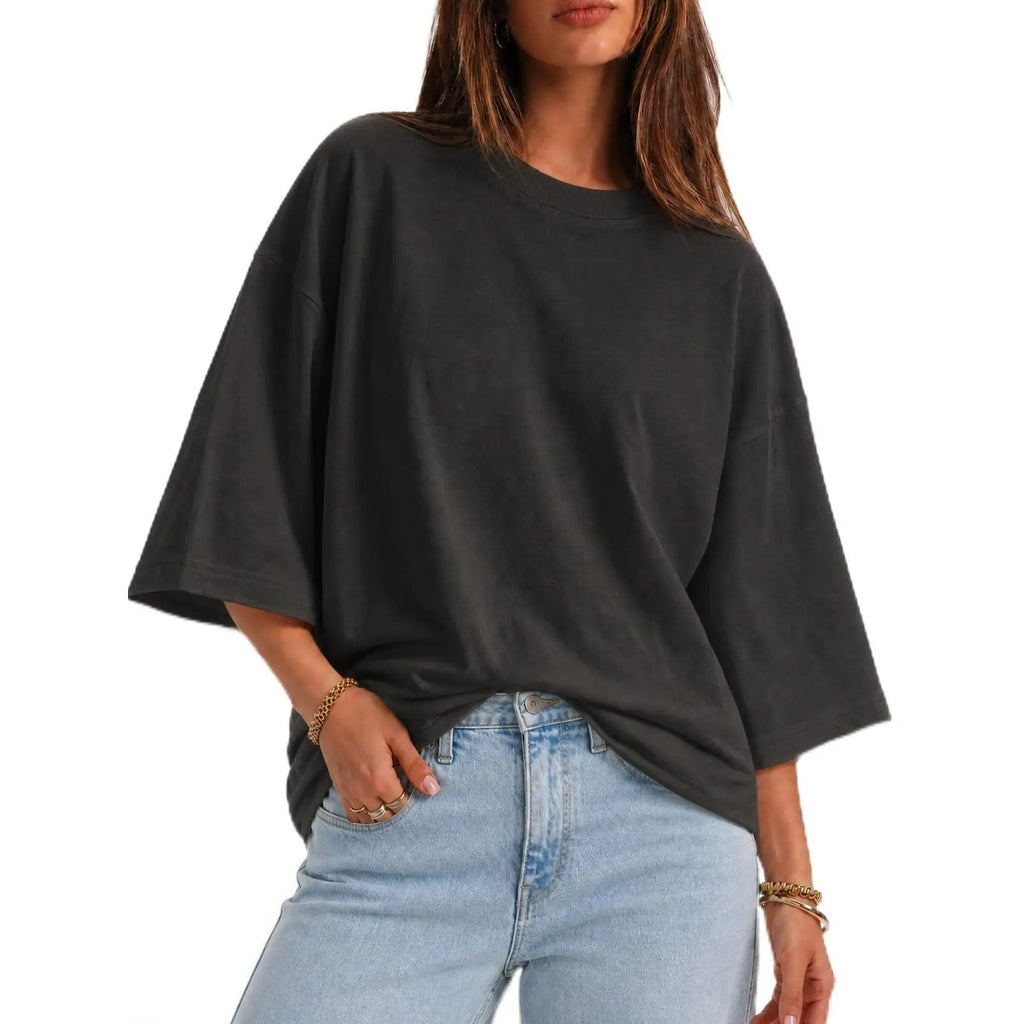 Flowyair Women's Oversized Casual T-Shirt with 3/4 Sleeves - Summer Boxy Loose Fit Crew Neck Basic Top
