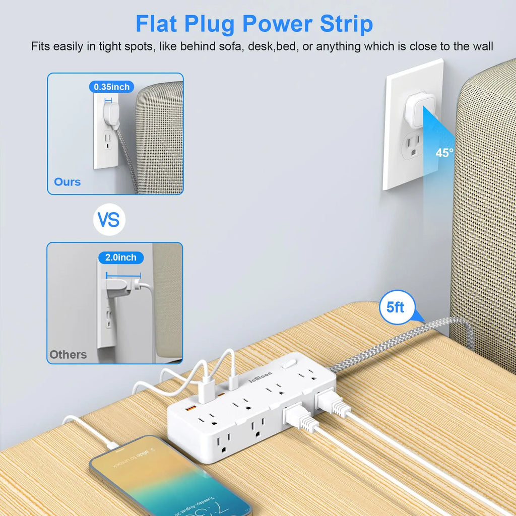 Surge Protector Power Strip with Flat Plug, 8 Outlets and 4 USB Ports (2 USB-C), 45° Ultra Thin Design, 5FT Cord, Wall Mountable for Office, Travel, and Dorm Use