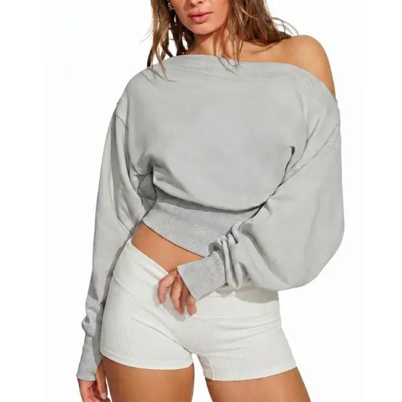 Fisoew Women's Autumn/Winter Solid Color Off-Shoulder Sweatshirt - Versatile Elastic Top for Casual Daily Wear and Back-to-School Street Style