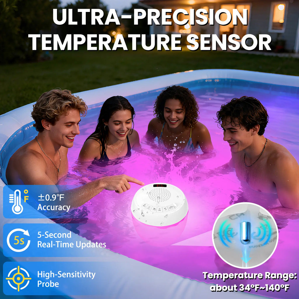 3-in-1 Floating Pool Speaker with Digital Water Thermometer, IP68 Waterproof TWS Technology, and Color LED Lights for Pool, Hot Tub, and Spa - White