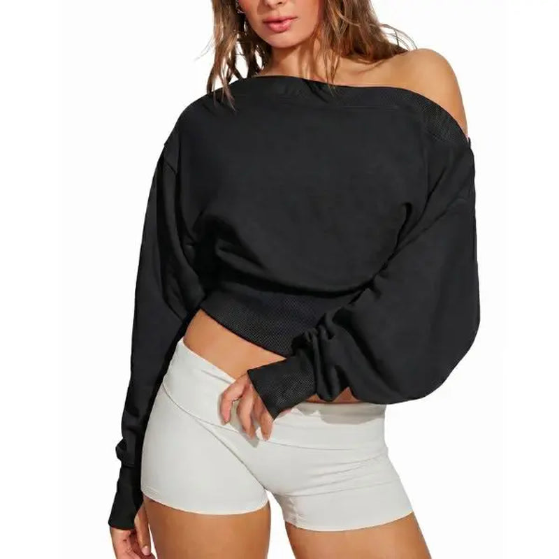 Fisoew Women's Autumn/Winter Solid Color Off-Shoulder Sweatshirt - Versatile Elastic Top for Casual Daily Wear and Back-to-School Street Style