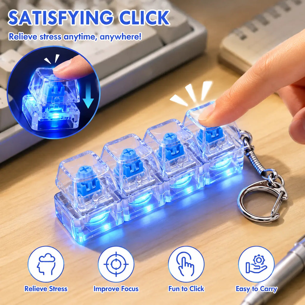 Professional Sensory Fidget Keychain with Light Emitting Feature, 4-in-1 Decompression Button, and Transparent Design for Stress Relief and Relaxation