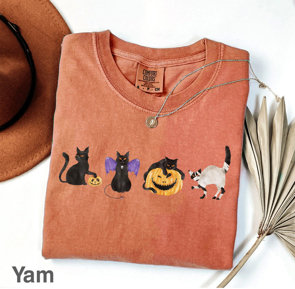 Comfort Colors Women's Halloween T-Shirt Featuring Black Cat and Pumpkin - Perfect Gift for Cat Enthusiasts