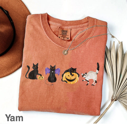 Comfort Colors Women's Halloween T-Shirt Featuring Black Cat and Pumpkin - Perfect Gift for Cat Enthusiasts