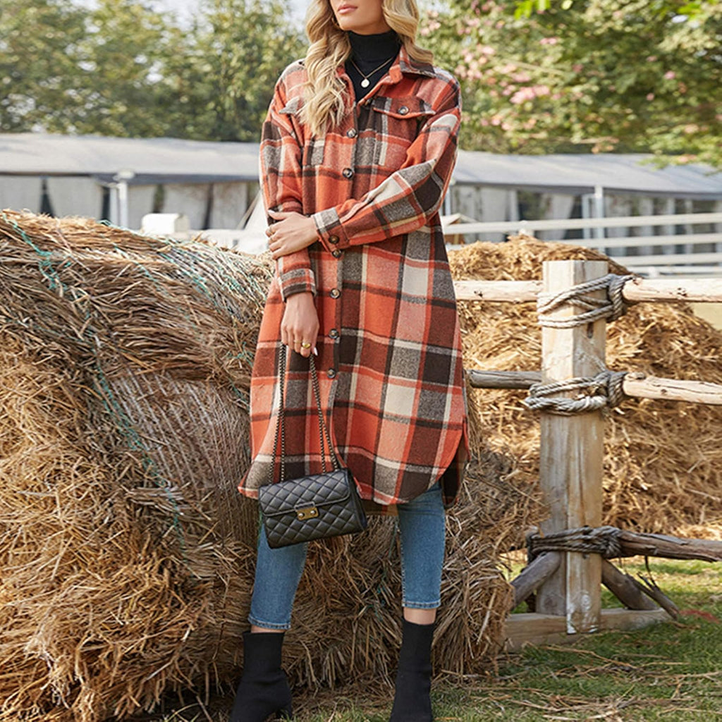 Women's Casual Wool Blend Long Plaid Shirt Jacket with Button Down and Pockets