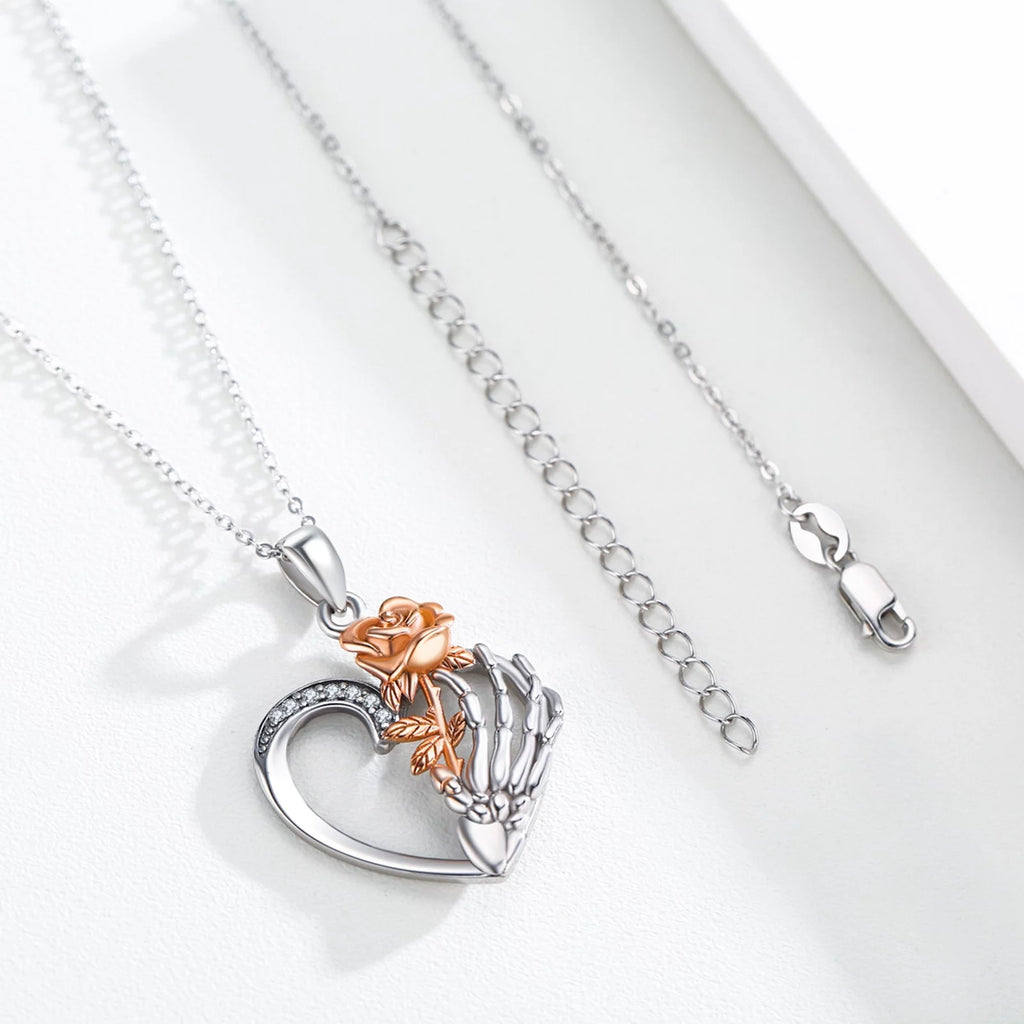 Sterling Silver Sunflower Skeleton Hand Heart Pendant Necklace - Elegant Gift for Women, Daughters, Mothers, and Nieces for Birthdays and Holidays